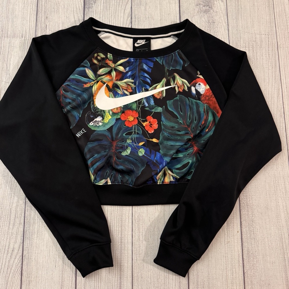 Nike Women's Sportswear Print Crew AQ9722-010 Black Size Small Tropical